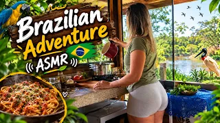Cooking a delicious lunch at the riverside cabin ASMR 