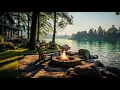 Download Lagu Morning Lakeside Ambience with Nature Sounds and Relaxing Campfire to Relax, Study \u0026 Stress Relief