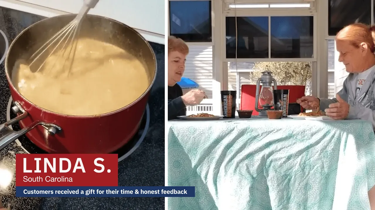 Video thumbnail showing Linda S. cooking and dining with family, sharing a testimonial about 4Patriot emergency survival food products helping during an emergency situation.