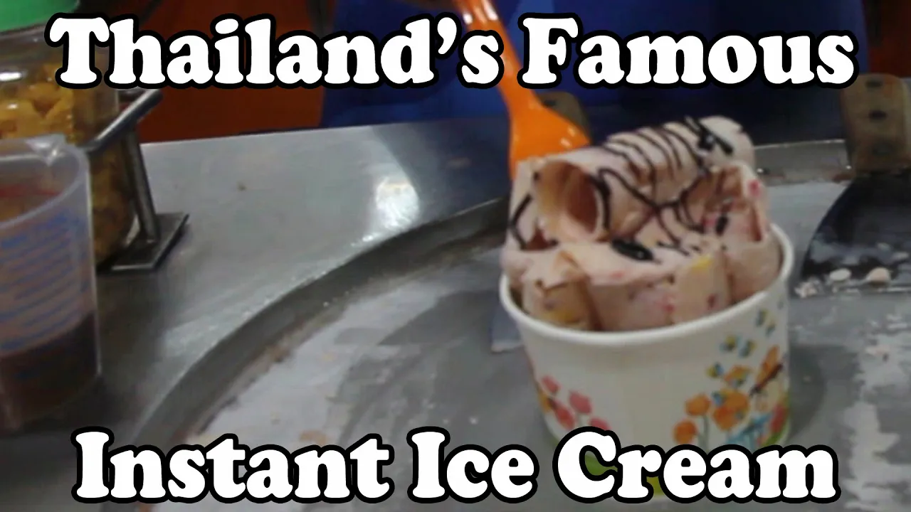 Instant Fried Ice Cream Rolls in Thailand. Thai Street Food at a Night Market in Phuket