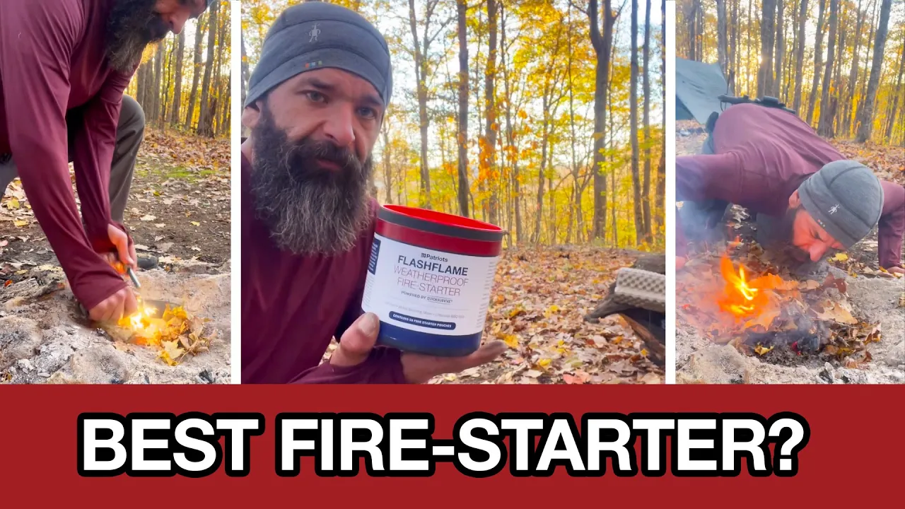 Split-screen thumbnail of a man in outdoor gear demonstrating how to use the 4Patriots Fire Starter in a wooded setting. He’s shown striking a flame, holding the container, and blowing on a small fire made from leaves. Bold text reads “BEST FIRE-STARTER?” with a play button overlay.