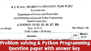 GE3151 Problem Solving and python programming Important questions 2023 Model Question paper 2023
