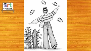 How to draw a cute Girl with Butterflies -Pencil sketch || Drawing easy for beginner || Girl drawing