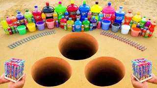 experiment giant coca cola fanta mtn dew chupa chups sprite vs mentos in 3 underground pits