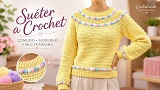 😍⭐⭐⭐⭐⭐Teje a ganchillo un acogedor suéter con pompones - Parte 1 (Tutorial)