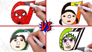 How to draw six seven 67 Spider-Man vs Beetlejuice vs Young-hee doll vs  Player 456 Squid Game