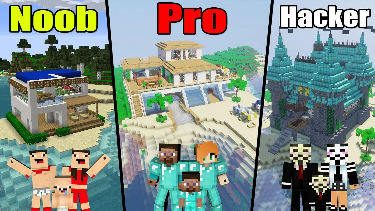 Minecraft: NOOB vs PRO vs HACKER - Beach House Challenge