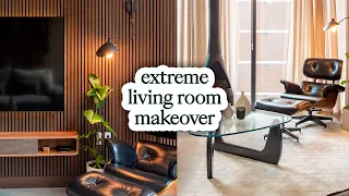 EXTREME modern living room makeover Eames chair slat wall DIY fireplace