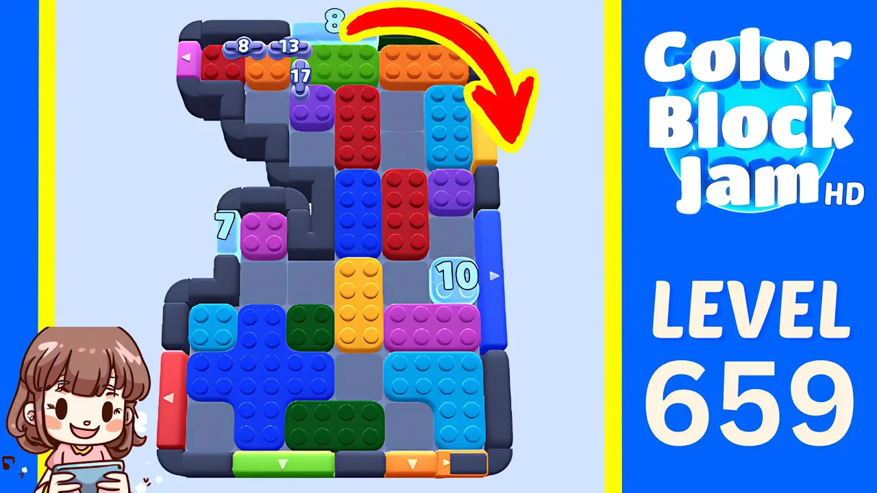 Color Block Jam Level 659 2:35 opening layout with 8/13/17, 7, and 10 counters opening frame