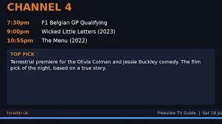 TV Guide UK Tonight Sat 18 Jul 2026 - Wicked Little Letters World Cup Play-Off Casualty