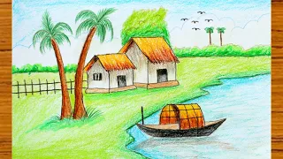 رسم منظر طبيعي سهل قرية ونهر خطوة بخطوة رسم بالتلوين تعليم الرسم للمبتدئين 