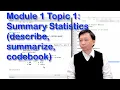 Module 1 Topic 1 Summary Statistics describe summarize codebook Edition for Alison Online Course