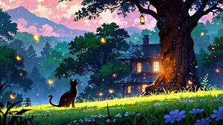 Magical Forest Lofi Cozy Cabin Glowing Fireflies 
