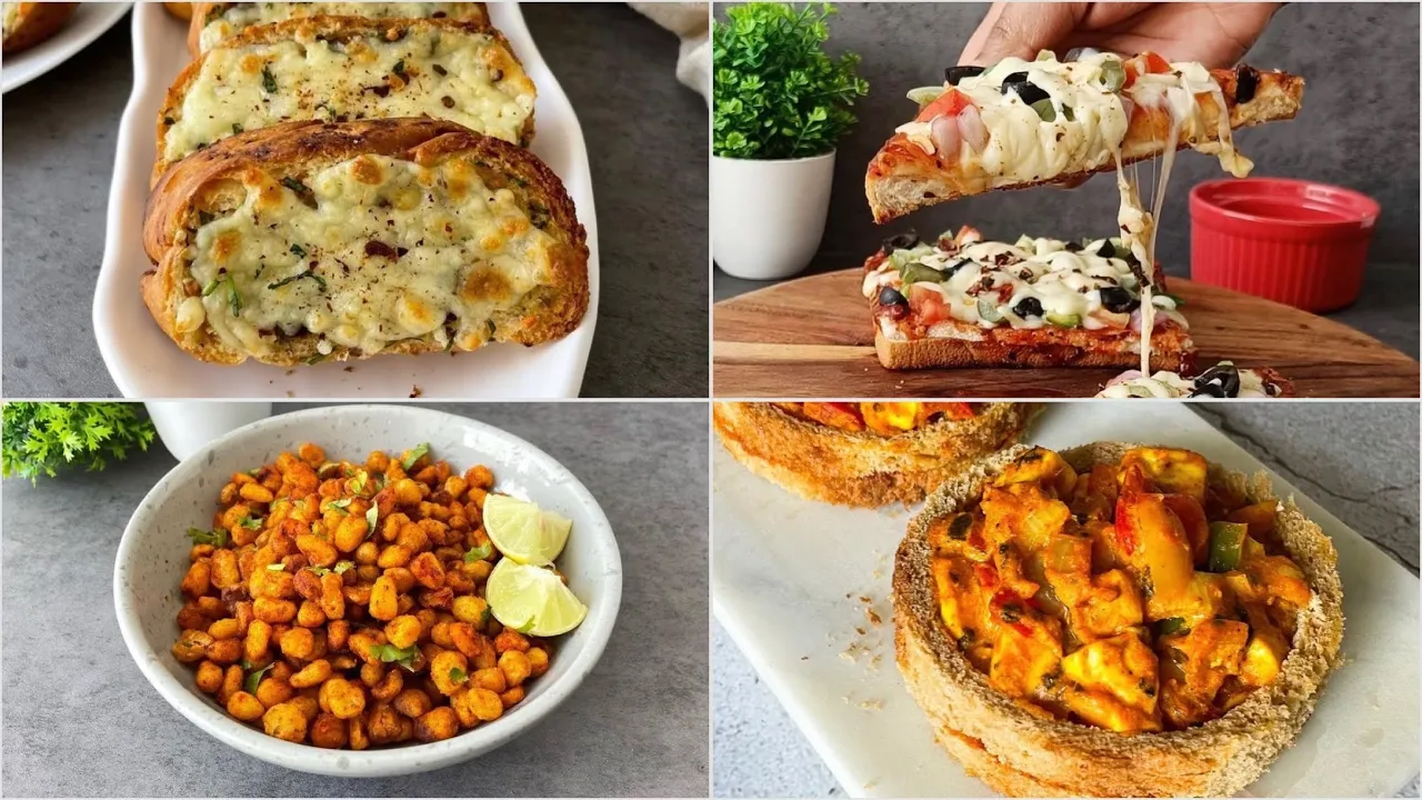 Quick & Easy Party snack   Cafe style garlic bread   Bread pizza   Crispy corn   Paneer tikka discs