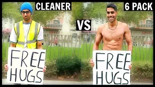 CLEANER Vs 6 PACK Getting Free Hugs SOCIAL EXPERIMENT 
