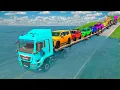Download Lagu Triple Flatbed Trailer McQueen Transportation with Truck - Speedbumps vs Cars vs Train - BeamNG #217