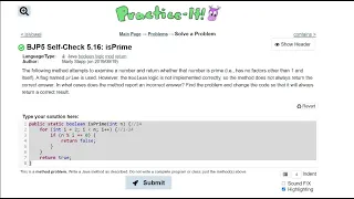 Java Practice It 5 16 isPrime method with int parameter boolean return for loop debugging