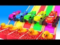 Long Slide Game With McQueen LAMBORGHINI FERRARI CHEVROLET POLICE CARS 3D Vehicles Challenge
