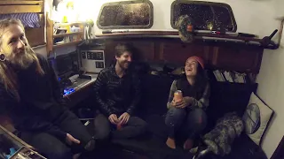 James and Camille in Conversation with Sam Holmes on the hard in the Ventura Harbor Boatyard.