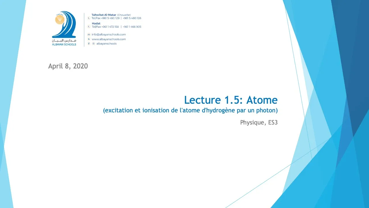 Lecture 1.5 Atome (excitation et ionisation de l'atome d'hydrogène par un photon)