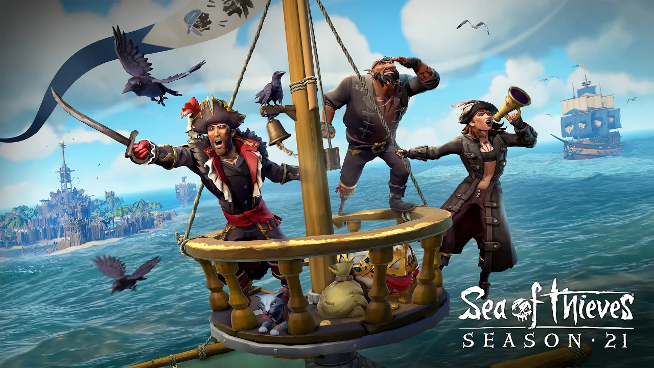 Piratas reunidos em uma embarcação no vídeo oficial da Temporada 21 de Sea of Thieves