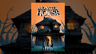 The menacing Monster House looms over DJ, Chowder, and Jenny in the poster for the Monster House game