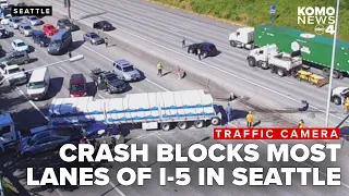 TRAFFIC CAMERA Semi-truck crash closes most lanes of I-5 in north Seattle