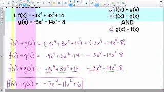 Adding and Subtracting Polynomials in Function Notation