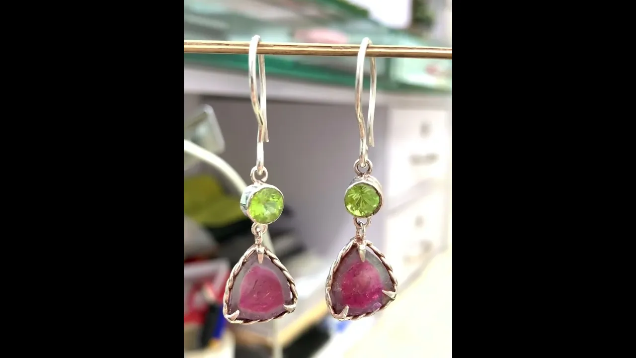 Handmade Watermelon Tourmaline Crystal Earrings | Silver sterling Crystal Jewelry