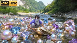 🔥【HDR】Wandering by the river, she digs up a strange huge mussel holding precious shiny pearls within