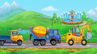 ALAT BERAT EKSKAVATOR DAN TRUK MOLEN PENGADUK BETON MEMBANGUN AIR MANCUR TAMAN | GO KIDS INDONESIA