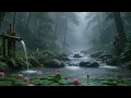 A natural clear spring and lotus flowers being gently soaked by the rain
