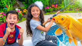 Heidi and Zidane Pretend Play Swimming Pool Fishing! 🐠
