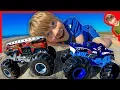 Download Lagu HOT WHEELS MONSTER TRUCKS AT THE BEACH WITH AXEL AND DADDY!