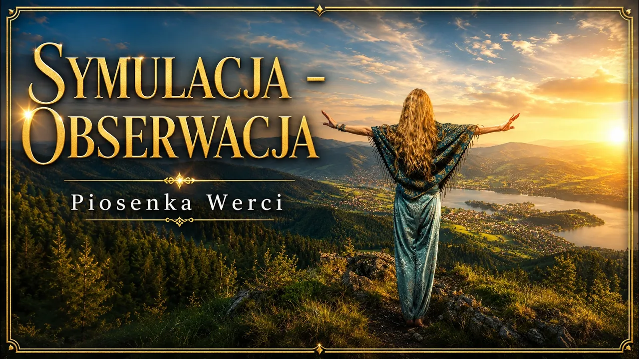 Wercia z rozłożonymi ramionami nad zieloną doliną w świetle zachodu.