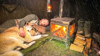 Hot Tent Camping in Heavy Rain All Day! - Caught in Rainstorm With My Dogs!