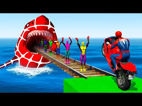 Download MP3 Superheroes against Big Spider Shark, Crazy Stunt Race Challenge by Motorcycle, Cars and Quad Bike