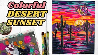 Easy Desert Sunset Painting with Cactus UFO Acrylic Step by Step Painting Tutorial