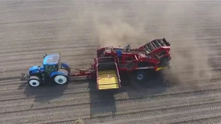 aardappels rooien tijdens droogte en hitte met bunkerrooier drenthe wapse drone 4k 