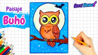 Cómo dibujar un PAISAJE CON BÚHO paso a paso | Dibujos fáciles