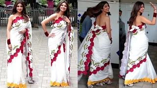 shilpa shetty looking hot in backless blouse with floral print saree promotion of movie sukhee