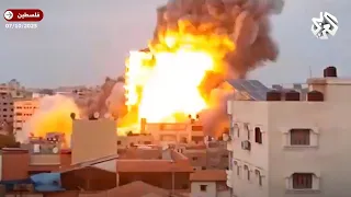مشاهد جديدة توثق لحظة انهيار برج فلسطين في غزة جراء غارات إسرائيلية دندنها