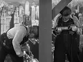 The Three Stooges pretending to be riveters in How High Is Up 1940
