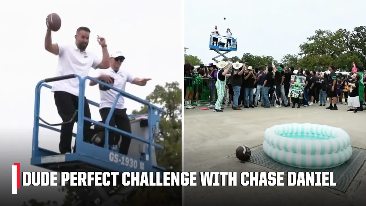 DUDE PERFECT CHALLENGE 👀 Throwing footballs into a kiddie pool from a scissor lift 🏈 | SC on Campus