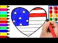 USA Heart Coloring Page Drawing American Flag Independence Day Learn to Color