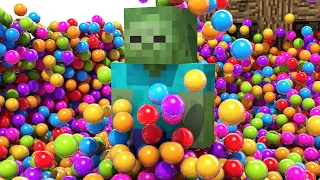 5000 Balls simulation. Minecraft zombie vs bouncing Balls. 3D animation blender.