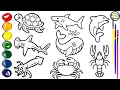 How To Draw Sea Animals - Shark Fish Turtle and others-Draw and Color Sea Animals