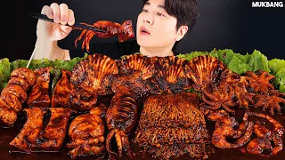 ASMR MUKBANG | Spicy Seafood Boil 🐙🦑 Enoki Mushroom, Squid, Octous, scallop Recipe EATING SOUND