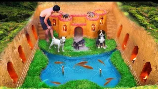 بناء منزل تحت الأرض للكلاب وبركة السمك حول البيت الجرو مع المهارات القديمة 