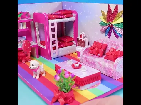 DIY Rainbow Miniature Room from Cardboard 🌈 | Bunk Bed, Study Desk, Sofa & Wall Decor